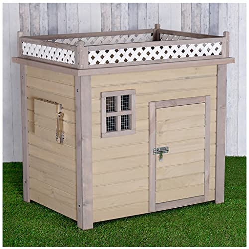 Hundehütte aus Holz für den Außenbereich, für große kleine Hunde, mit Fenstern, wasserdicht, Aufbewahrungsbox für Hunde (Farbe: Braun, Größe: Groß) von KiLoom