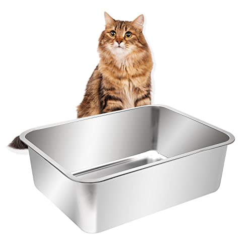 Kichwit Große Edelstahl-Katzentoilette für Katzen, antihaftbeschichtete glatte Oberfläche, leicht zu reinigen (59,9 cm L x 39,9 cm B x 15 cm H) von Kichwit