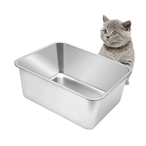 Kichwit Große Edelstahl-Katzentoilette mit hohen Seiten, Metall-Katzentoilette für Katzen, antihaftbeschichtete glatte Oberfläche, leicht zu reinigen (44,5 cm L x 34,3 cm B x 20,1 cm H) von Kichwit