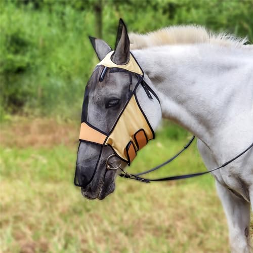 Kickred Fliegenmaske für Pferde, feine Fliegenmaske für Pferde mit Ohrgummi und UV-Schutz, Fliegenmaskenabdeckung, Langnasen-Fliegenmaske für Pferde, Gold -M… von Kickred