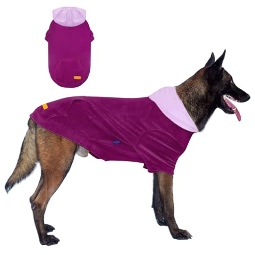 Kickred Hunde-Kapuzenpullover, bequem, warm, atmungsaktiv, Hundesport-Sweatshirts für kleine, mittelgroße und große Hunde, körniger Samtpullover mit Loch für Hut und Leine (Größe XL, Violett-Rot + von Kickred