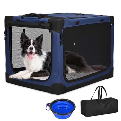 Kidken Tragbare Hundekiste, abnehmbare Matte und atmungsaktives Netz, Faltbare Reisekiste extra groß für Hunde und Katzen, mit Schultergurt und Hundenapf (XL: 90x64x64cm) (M) von Kidken