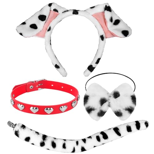 Kidpet Dalmatiner-Ohren, Stirnband, Schwanz, Kostüm, Kopfbedeckung für Damen, Halloween, Welpen, Hund, Kostüm, Schwarz und Weiß (rote Halskette - A) von Kidpet