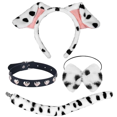 Kidpet Dalmatiner-Ohren, Stirnband, Schwanz, Kostüm, Kopfbedeckung für Damen, Halloween, Welpen, Hund, Kostüm, Schwarz und Weiß (schwarze Halskette - A) von Kidpet