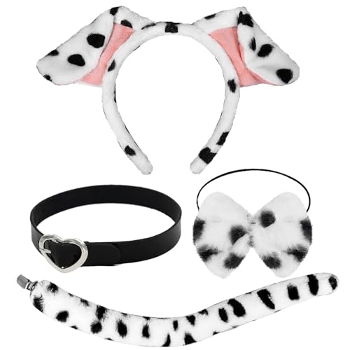 Kidpet Dalmatiner-Ohren, Stirnband, Schwanz, Kostüm, Kopfbedeckung für Damen, Halloween, Welpen, Hund, Kostüm, Schwarz und Weiß (schwarze Halskette - B) von Kidpet