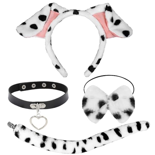 Kidpet Dalmatiner-Ohren, Stirnband, Schwanz, Kostüm, Kopfbedeckung für Damen, Halloween, Welpen, Hund, Kostüm, Schwarz und Weiß (schwarze Halskette - C) von Kidpet