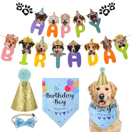 Kifmurase Partyzubehör für Hunde, Happy Birthday-Dekorationen mit Hut, Jungen, Fliege, blaues Bandana, Banner, Welpendekoration, Anzug für kleine, mittelgroße und große Hunde Kifmurase Partyzubehör für Hunde, Happy Birthday-Dekorationen mit Hut, Jungen, Fliege, blaues Bandana, Banner, Welpendekoration, Anzug für kleine, mittelgroße und große Hunde von Kifmurase