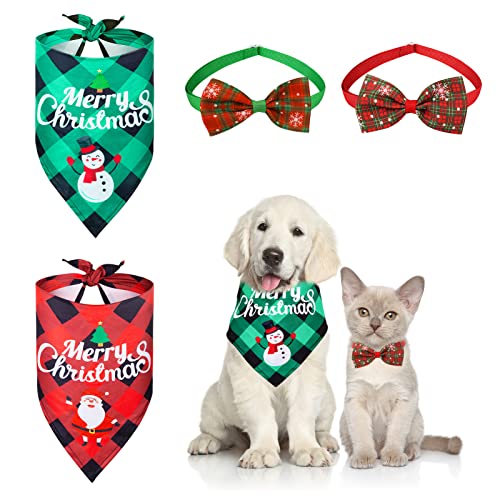 4 Stück Weihnachten Hund Bandana Set, Halstuch Hund Weihnachten Verstellbar Katzen Weihnachten Fliege, Haustier Halstuch Weihnachtskostüm für Kleine Mittelgroße Große Hunde Katzen von Kiiwah