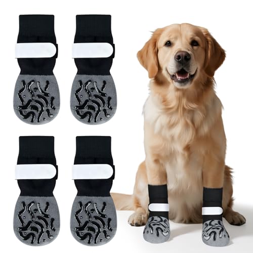 Kiiwah 2 Paar Doppelseitige Hundesocken Pfotenschutz Anti-Rutsch, Hundesocke mit Klettverschluss Riemen Leuchtband, HundeSchuhe Outdoor für den Innen und Außenbereich(Grau, L) von Kiiwah