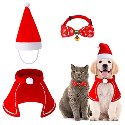 Kiiwah 3 Stück Weihnachten Hundekostüm Katzenkostüm, Weihnachtskleidung mit Weihnachtsmütze Fliege Halsband Roter Umhang für Hunde und Katzen Outfit for Dogs Cats von Kiiwah