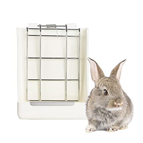 Kikuo Futterstation für Heu (Metallgitter & Plastik), Futterspender für Kaninchen/Chinchillas/Große Meerschweinchen, Näpfe für Haustier & Kleintiere - Weiß von Kikuo