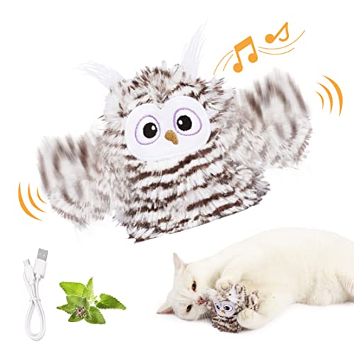 Kimee Interaktives Katzenspielzeug, wiederaufladbar, automatisch, zwitschernde Eule, Katzenspielzeug mit Katzenminze, Auto schlagende Flügel, Fliegender Vogel, Katzenspielzeug für Indoor-Katzen, um von Kimee