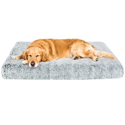 Flauschige, orthopädische Hundebetten für große Hunde mit waschbarem, abnehmbarem Bezug, Hundeboxbett, Schaumstoffstütze, Plüschmatte mit rutschfester Unterseite (Grau, 107 x 71 cm) von Kimpets
