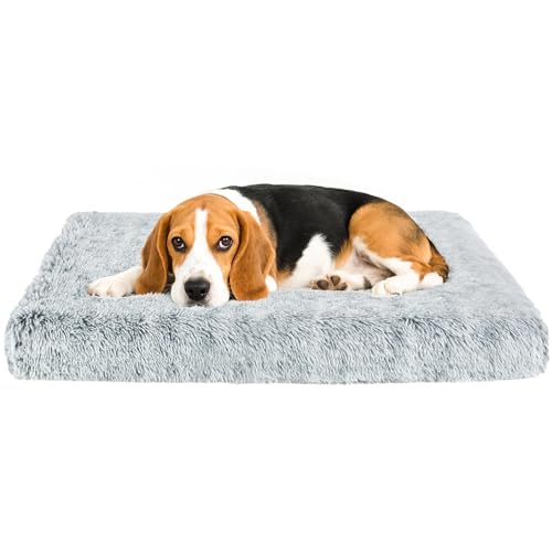 Flauschige, orthopädische Hundebetten für mittelgroße Hunde mit waschbarem, abnehmbarem Bezug, Hundeboxbett, Schaumstoffstütze, Plüschmatte mit rutschfester Unterseite (Grau, 91,4 x 61 cm) von Kimpets