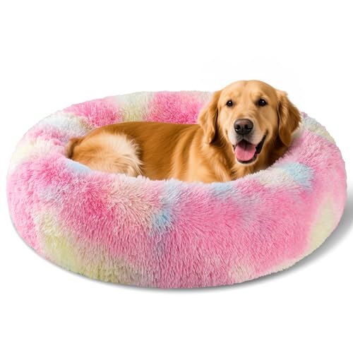 Kimpets Beruhigende Hundebetten für kleine, mittelgroße und große Hunde – rundes Donut-Hundebett, rutschfestes Kunstfell, flauschiges Donut-Kuschelbett, Angst, Katzenbett (50,8 cm/68,6 cm/88,9 cm) (L 91,4 x 91,4 cm, Farbe) von Kimpets