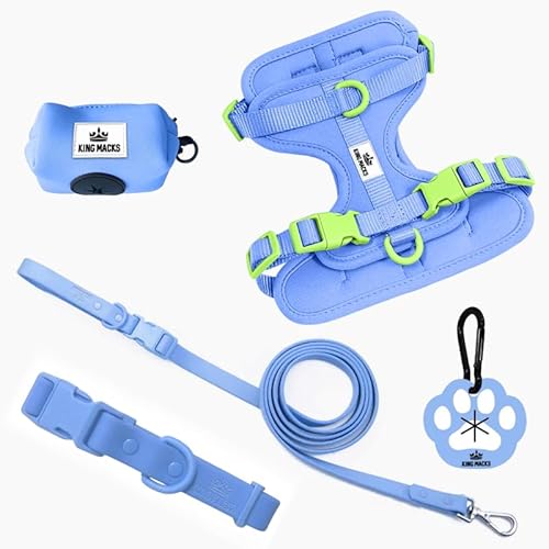 King Macks Hundegeschirr, Set mit Halsband und Leine, Kotbeutelhalter und Schmutzbeutelclip, verstellbar für kleine, mittelgroße und große Hunde, leicht (Blau mit Grün, L) von King Macks Inc.
