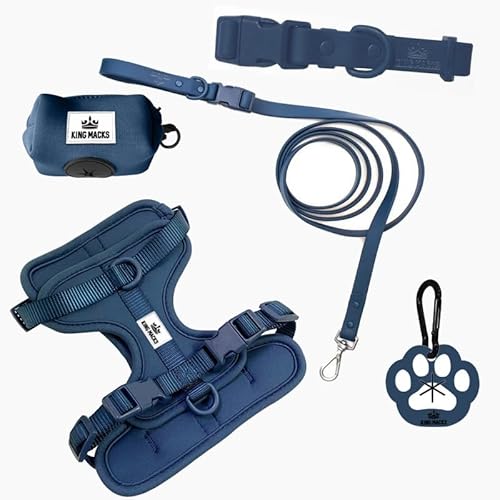 King Macks Hundegeschirr, Set mit Halsband und Leine, Kotbeutelhalter und Schmutzbeutelclip, verstellbar für kleine, mittelgroße und große Hunde, leicht (Marineblau, Größe XS) von King Macks Inc.