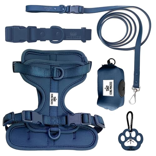 King Macks Hundegeschirr, Set mit Halsband und Leine, Kotbeutelhalter und Schmutzbeutelclip, verstellbar für kleine, mittelgroße und große Hunde, leicht (Rosa Sand mit Blau, Größe M) von King Macks Inc.