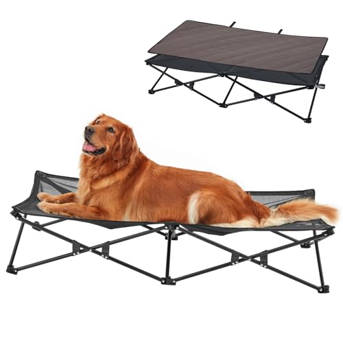 KingCamp Erhöhtes Hundebett Hundeliege Outdoor Haustierbett Haustierliege Atmungsaktivem Mesh & Wildledermatte & Rutschfesten Füßen für Reisen Garten Outdoor Indoor, Schwarz 132 x 68 x 29 cm von KingCamp