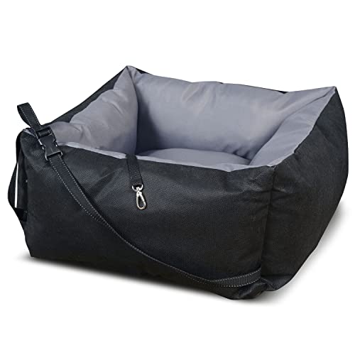 KingDog Autositz für Hunde und Haustiere mit Sicherheitsgurt Hundesitz Bett Hunde-Autositz Reisebett Wasserdichtes PVC-Codura (Schwarz/Grau, 55x55cm) von Dttra