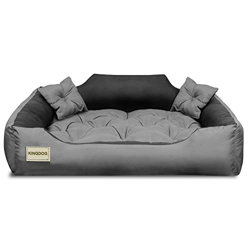 KingDog Hunde- und Katzenbett aus Mikrofaser mit Zwei Kissen Hundekissen Hundekorb Haustierbett Waschbar Wasserdichtes Material (Innenmaße: 100x80cm / Außenmaße: 115x95cm, Grau/schwarz) von KingDog