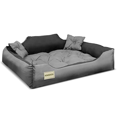 KingDog Hunde- und Katzenbett aus Mikrofaser mit Zwei Kissen Hundekissen Hundekorb Haustierbett Waschbar Wasserdichtes Material (Innenmaße: 80x60cm / Außenmaße: 100x75cm, Grau/schwarz) von KingDog