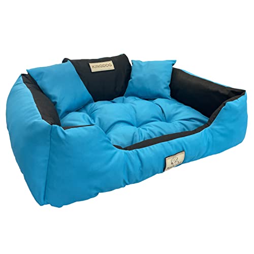 KingDog Hunde- und Katzenbett mit Zwei Kissen Hundekissen Hundekorb Haustierbett Waschbar Wasserdichtes PVC-Material (L 100x75cm, Blau) von KingDog