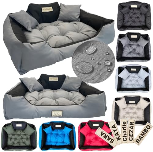 KingDog Hunde- und Katzenbett mit Zwei Kissen Hundekissen Hundekorb Haustierbett Waschbar Wasserdichtes PVC-Material (L 100x75cm, Dunkelgrau) von Guoml