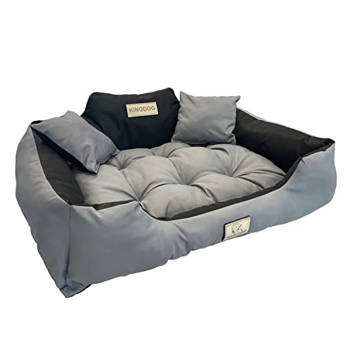 KingDog Hunde- und Katzenbett mit Zwei Kissen Hundekissen Hundekorb Haustierbett Waschbar Wasserdichtes PVC-Material (M 75x65cm, Dunkelgrau) von KingDog