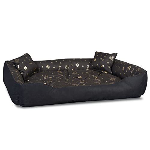 KingDog Hunde- und Katzenbett mit Zwei Kissen Hundekissen Hundekorb Haustierbett Wasserdichtes Cordura-Gewebe (Goldene Knochen, Innenmaße: 80x60cm / Außenmaße: 100x75cm) von KingDog