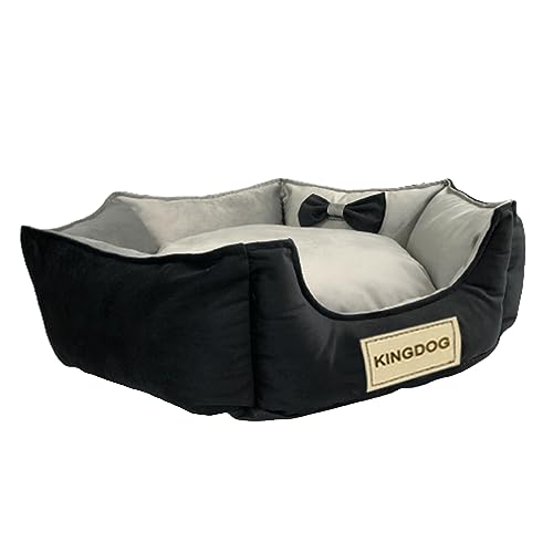 KingDog Prestige Samtiges Hundebett mit abnehmbarem Bezug und rutschfestem Boden Hundekorb Haustierbett Tierbett Sechseckig Deko-Velour (Durchmesser: 50 cm, Schwarz/Grau) von KingDog