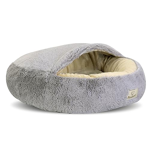 KingDog Shaggy Fluffy Haustierbett mit Kapuze Bett für Katzen/Hunde Kuschelbett Hundebett Katzenbett Minky-Haar Shaggy 18 mm Silikon-Füllung Hellgrau (Durchmesser: 50 cm) von KingDog