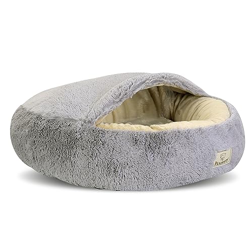 KingDog Shaggy Fluffy Haustierbett mit Kapuze Bett für Katzen/Hunde Kuschelbett Hundebett Katzenbett Minky-Haar Shaggy 18 mm Silikon-Füllung Hellgrau (Durchmesser: 70 cm) von KingDog