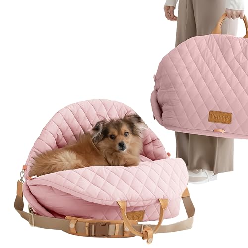 Kinkko Hundebett 3-in-1 Haustier Autositz und Hundetrage mit kleinem Kissen, Aufbewahrungstasche, Clip auf Sicherheitsleine, wasserdichte Welpentrage, zwei tragbare Griffe, Katzenreisetasche, Rosa von Kinkko