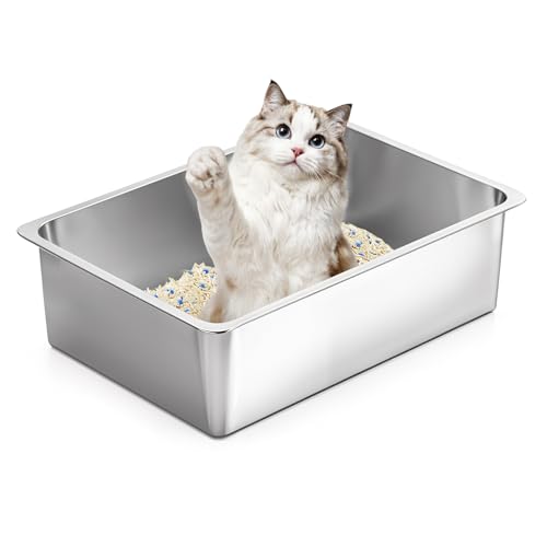 Kirecoo Katzentoilette aus Edelstahl, große Metall-Katzentoilette, hohe Seiten, Katzentoilette, antihaftbeschichtet, kein Geruch, leicht zu reinigen, Haustier-Toilettenbedarf für Katzen von Kirecoo