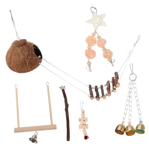 Kisangel 1 Satz Vogelspielzeug Set aus Kokosnuss mit Kletterstangen Schaukeln und Aktivitätsbedarf für Papageien und Vögel Fördert Bewegung und Koordination von Kisangel