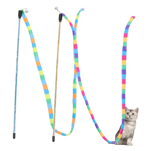 Kisangel 2 Stück Interaktives Katzenspielzeug Teiliges Bunte Katzenangel mit Farbigen Stoffstreifen für Indoor Katzen Beschäftigung und Bewegung Kratzfestes Bissfestes Zufällige Farbe von Kisangel
