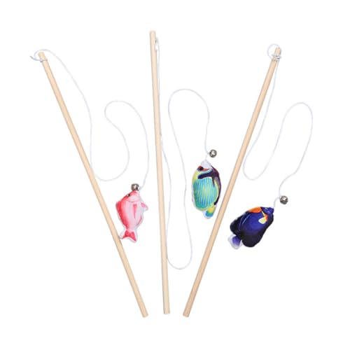Kisangel 3 Stück Katzenspielzeug mit Glocke Interaktive Katzenangel aus Holz Spielstange mit Pfefferminzfisch Motiv Langlebig für Katzen und Kätzchen Farblich Sortiert für Zufällige Farbe von Kisangel
