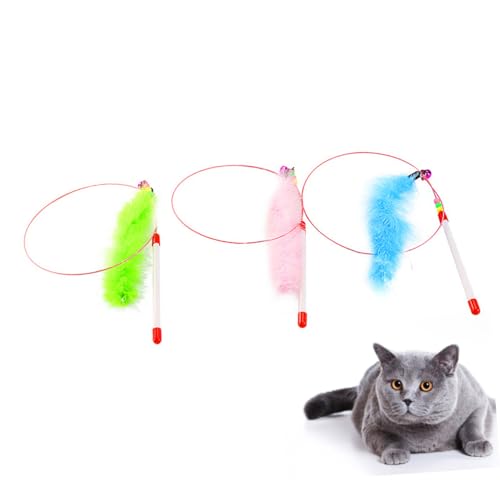 Kisangel 3 Stück Teiliges Katzenspielzeug mit Farbigen Federn Draht und Rutschfestem Kunststoffgriff Interaktives Katzenangel mit Glocke für Wohnungskatzen und Spielerische Zufällige Farbe von Kisangel