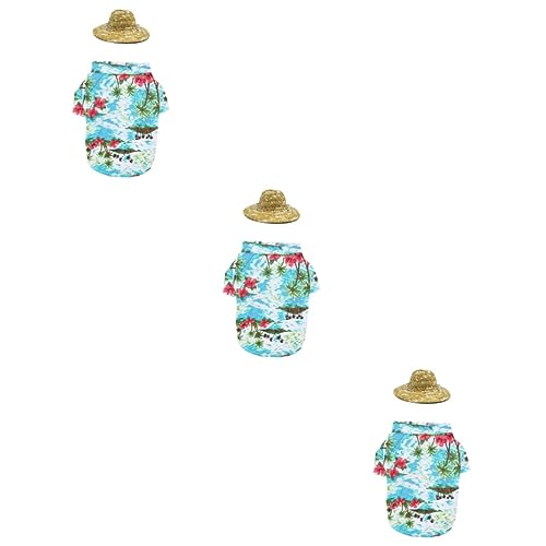 Kisangel 3-Teiliges Set Blaue Outfits Kleine Kostüme Für Hawaii Stroh Sommerkleidung Hemden Größe L Hemd Folk-Urlaub Halloween-Druck Hüte Mütze Tiermütze Welpen Haustier von Kisangel