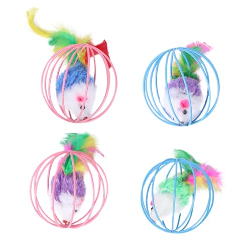 Kisangel 4 Stück Teiliges Katzenspielzeug Plüschmaus im Käfig Design Interaktiv Fördert Bewegung und Neugier für Drinnen Geeignet Kreatives Plüschtier zur Stressreduktion Zufällige Farbe von Kisangel