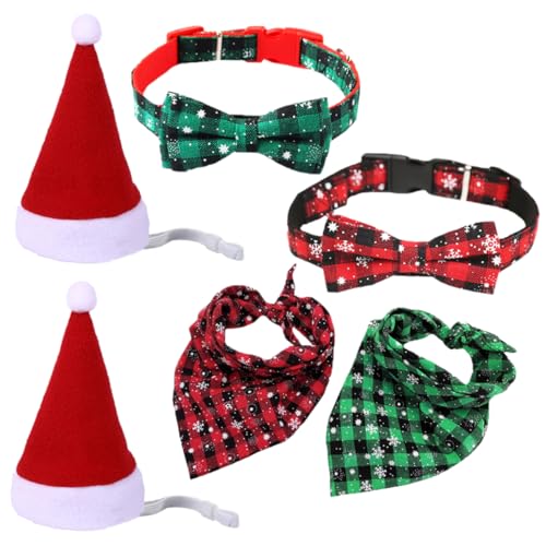 Kisangel 6 Stück Teiliges mit Verstellbarem Hundehalsband und Hut im Weihnachtsdesign für Hunde Stilvolle Schleifenmuster Langlebig Maschinenwaschbar für Feiertage von Kisangel