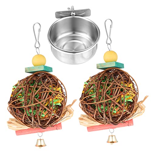 Kisangel Vogel-fütterungsbecher Aus Edelstahl Mit Rattankugel-hängespielzeug Für Kleine Tiere Für Wellensittiche Papageien Und Andere Vögel Teiliges Für Futter Und Spielzeug von Kisangel
