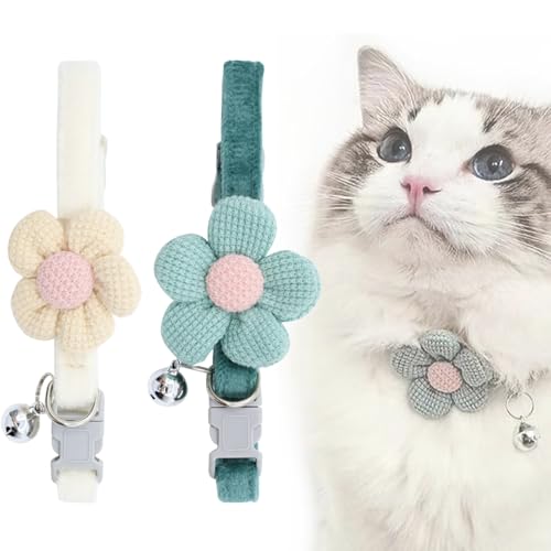 2er Pack Katzenhalsband mit Sicherheitsverschluss, Halsband Katze mit Glöckchen, Verstellbare Blumen Katzen Halsband, Katzen Halsbänder, Cat Collar, 22-29cm, Mandel, Grün von Kisstta
