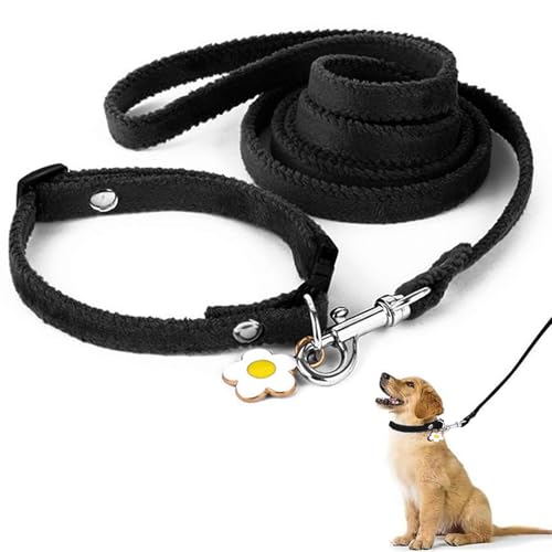 Hundehalsbänder Schwarz, Hundehalsband und Hundeleine Set, Halsband aus Plüsch für Haustiere, Verstellbares Hundehalsband, für Kleine und Mittelgroße Hunde (19-33cm) (schwarz 1) von Kisstta
