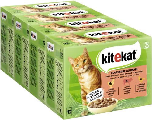 KITEKAT Portionsbeutel Multipack Klassische Auswahl in Sauce 4x12x85g Katzenfutter Nassfutter von Kitekat