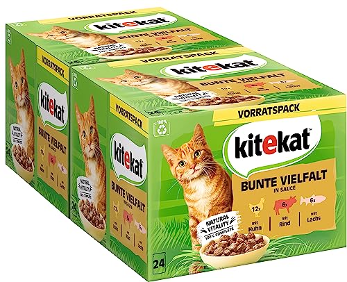 Kitekat Katzenfutter Nassfutter Bunte Vielfalt in Sauce – Feuchtfutter in 48 Portionsbeuteln – 2er Pack (2 x 24 Portionsbeutel à 85g) von Kitekat