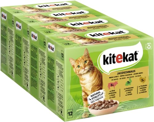 Kitekat Katzenfutter Nassfutter Jagdschmaus in Sauce, 48 Portionsbeutel (4 x 12 x 100g) von Kitekat