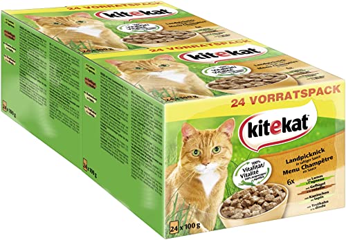 Kitekat Katzenfutter Nassfutter Landpicknick in Sauce, 48 Portionsbeutel (2 x 24 x 100g) von Kitekat