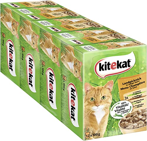 Kitekat Katzenfutter Nassfutter Landpicknick in Sauce, 48 Portionsbeutel (4 x 12 x 100g) von Kitekat